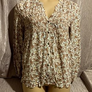 Knox Rose Top Blouse Cream Brown Tan Floral Paisley Size M 100% Rayon